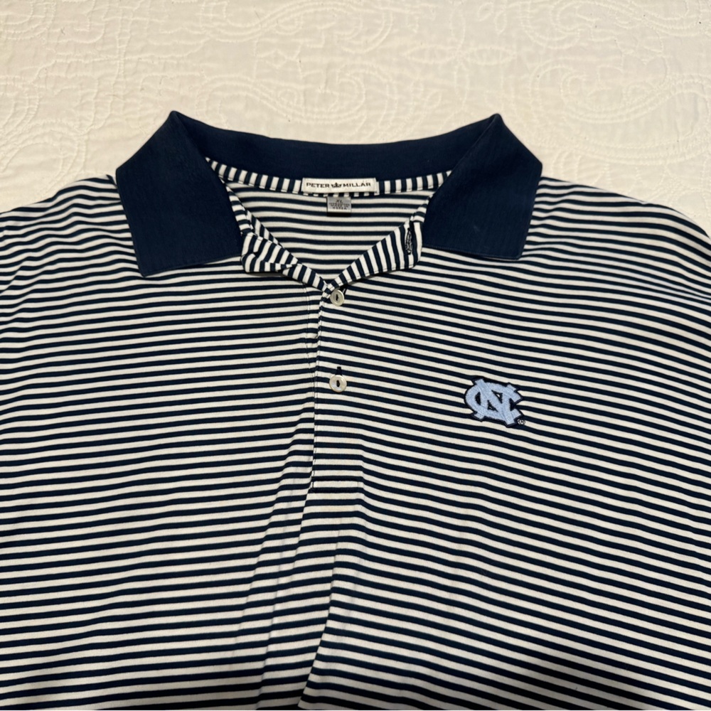 Peter Millar UNC short sleeve navy blue/white stripe polo cotton mens shirt